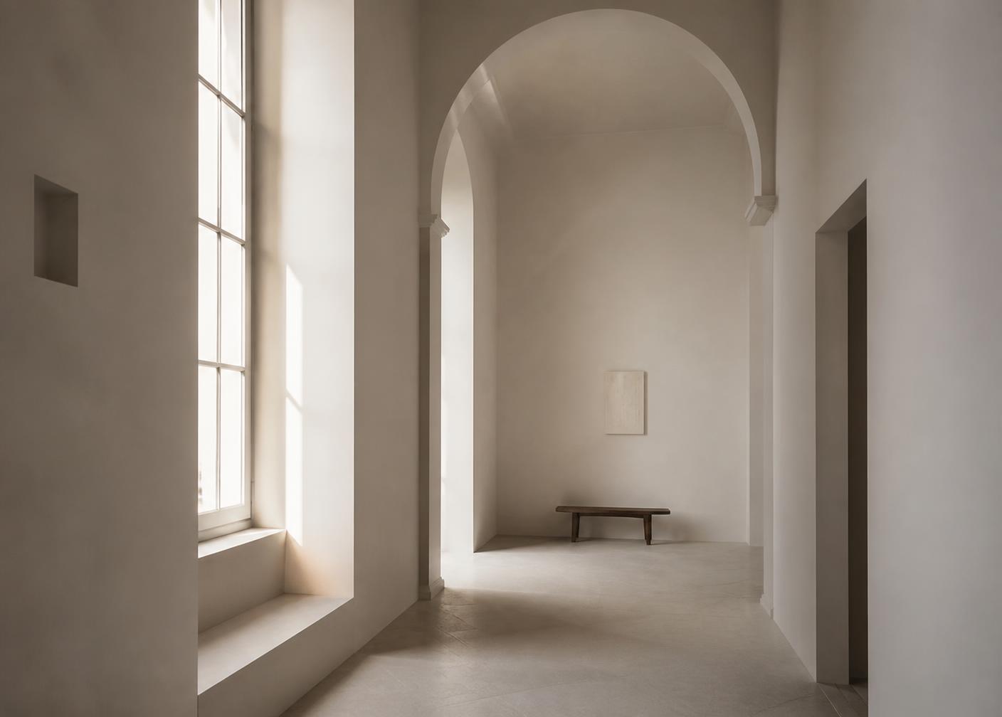 Still, sunlit modernist interior with a single bench