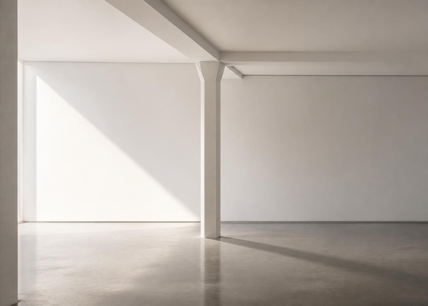 A single column meeting a beam in an empty, sunlit white interior